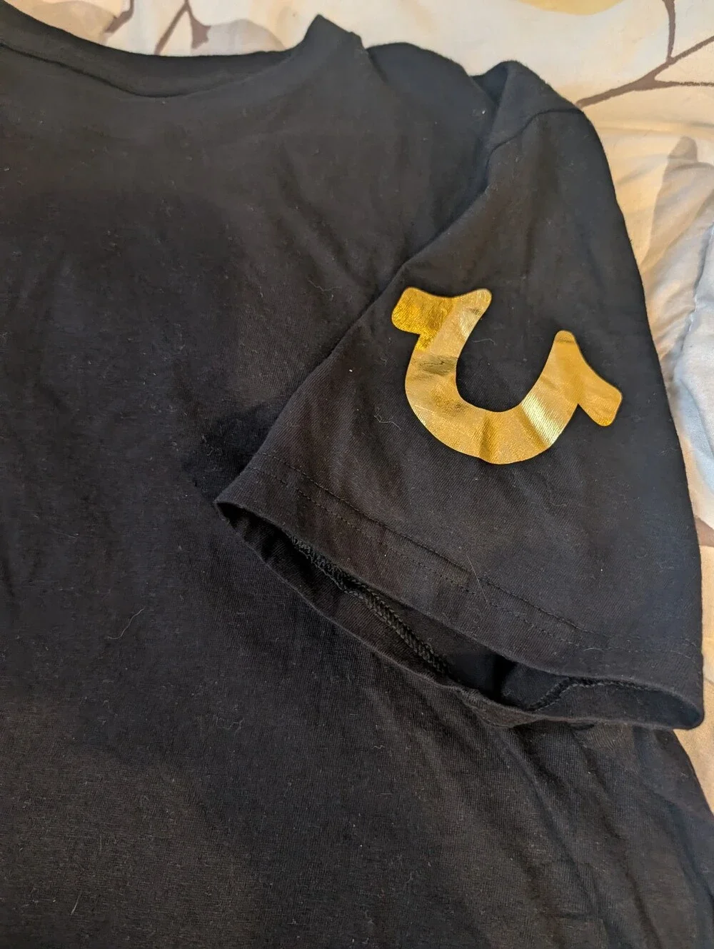 True Religion Black Tee with Gold Logo and Sleeve Accent
